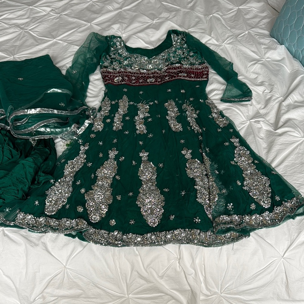 Green and Silver Embellished Anarkali with pants